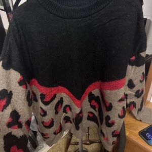 Maurice’s Black and Taupe Leopard Print Women's Sweater with Red Accents